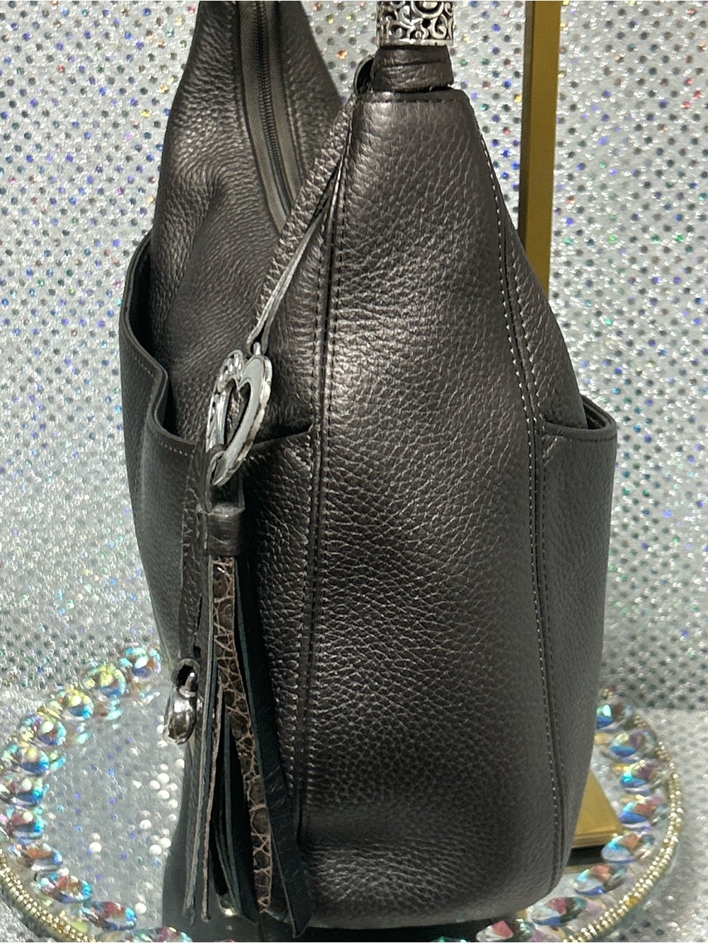 Brighton Black Leather Shoulder Bag with Heart Charms - Picture 4 of 16